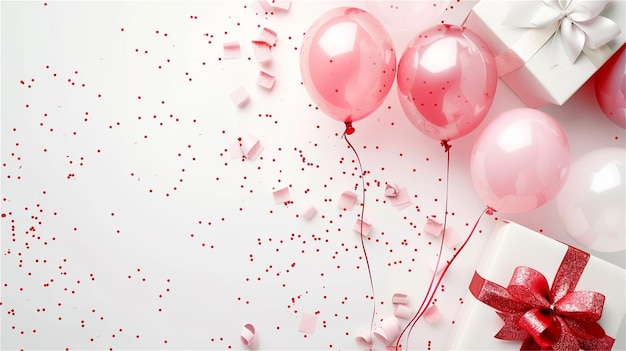 Вектор Розовые шарики с конфетами и красной лентой слева