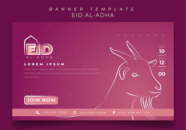 Pink banner template with line art drawing of goat for eid al adha design