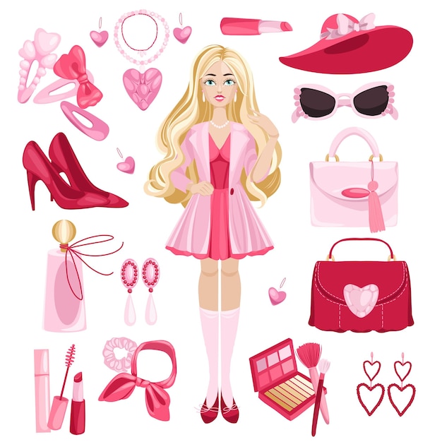 Vettore set rosa barbie set rosa trendy set rosa bambola accessori estetici e abbigliamento vettoriale