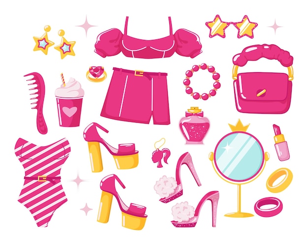 Premium Vector  Pink trendy set pink doll aesthetic accessories