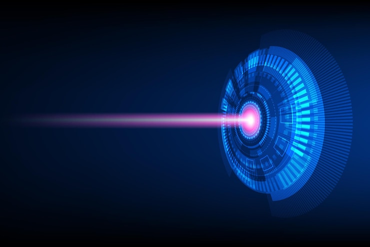 Vector pink beam shooting,abstract circle digital over dark blue background,