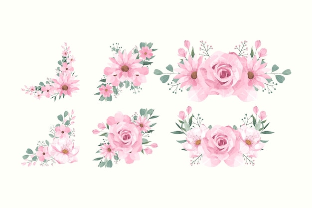 Vettore set di illustrazioni di bellissimi fiori rosa