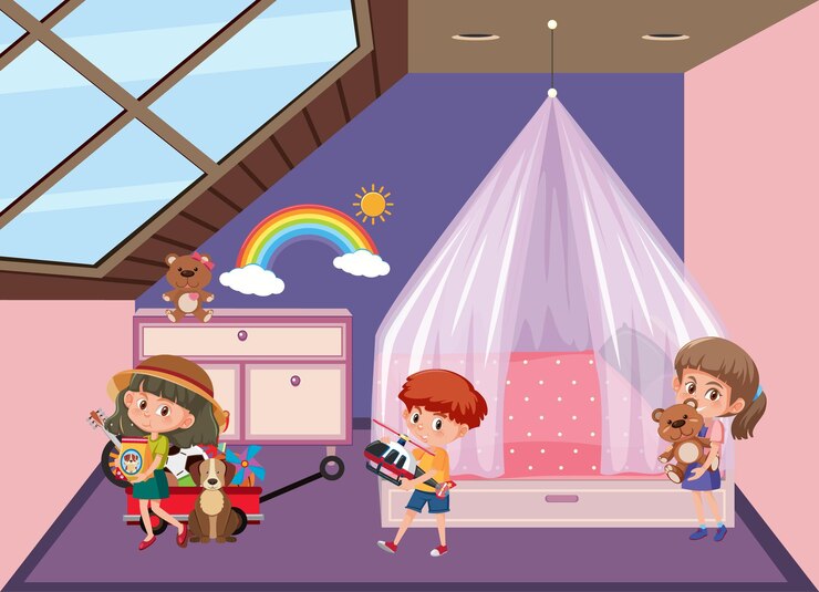Vector pink bedroom scene with cartoon character