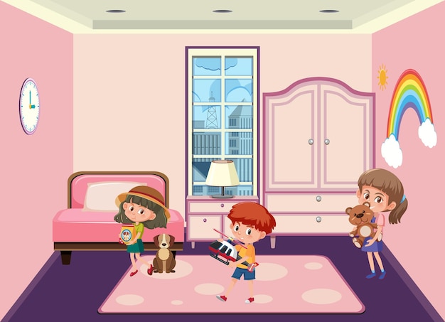 漫画のキャラクターとピンクの寝室のシーン