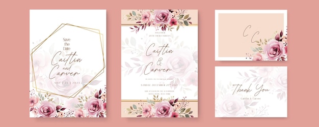 Pink and beige rose beautiful wedding invitation card template set with flowers and floral