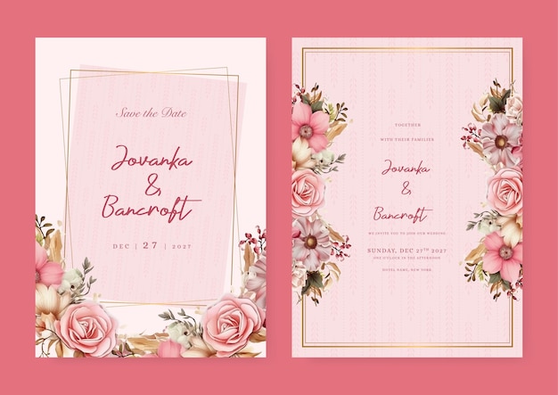 Pink and beige rose set of wedding invitation template with shapes and flower floral border