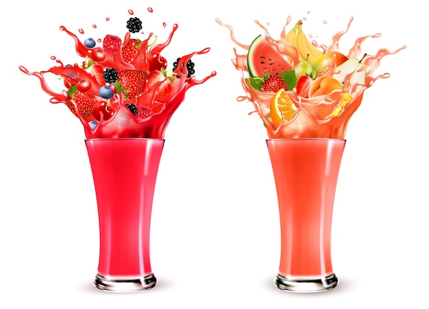 Pink berry juice splash Whole and sliced strawberry raspberry cherry blueberry and lychee in a sweet juce or cocktail with splashes and drops isolated in glasses 3D Vector