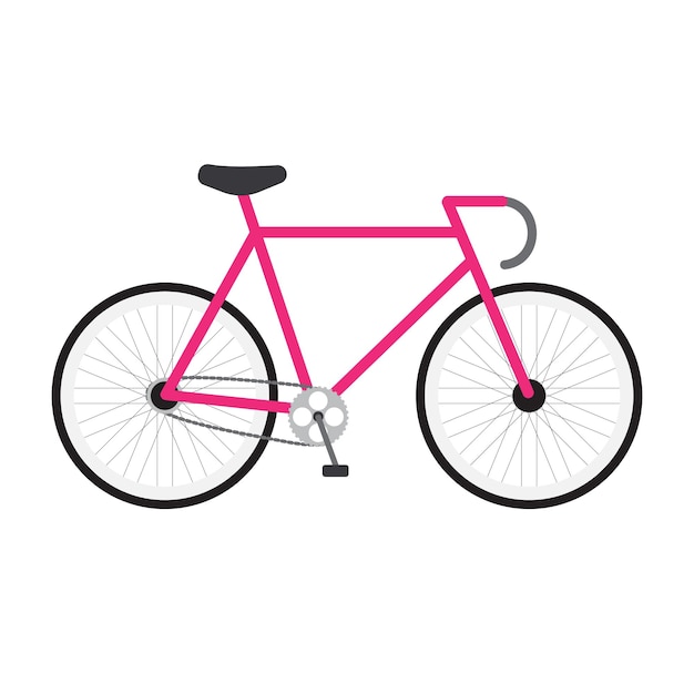 A pink bicycle with a black seat and a white background.