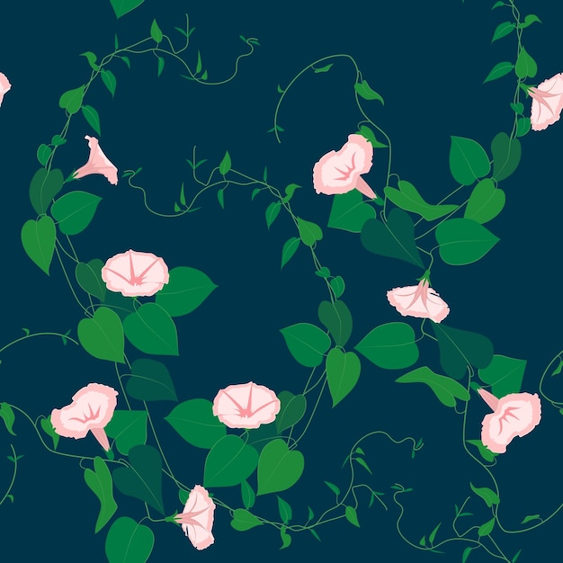 Pink bindweed flowers on a dark background Vector seamless pattern