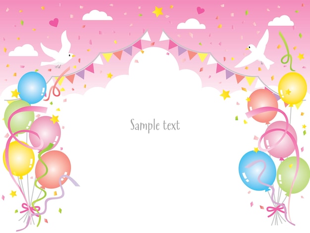 Pink birthday background of balloon flag and pigeon