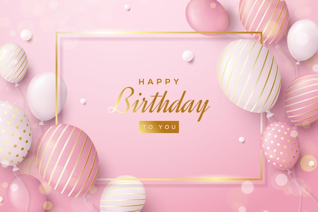 Pink birthday background with luxury gold balloons and stripes