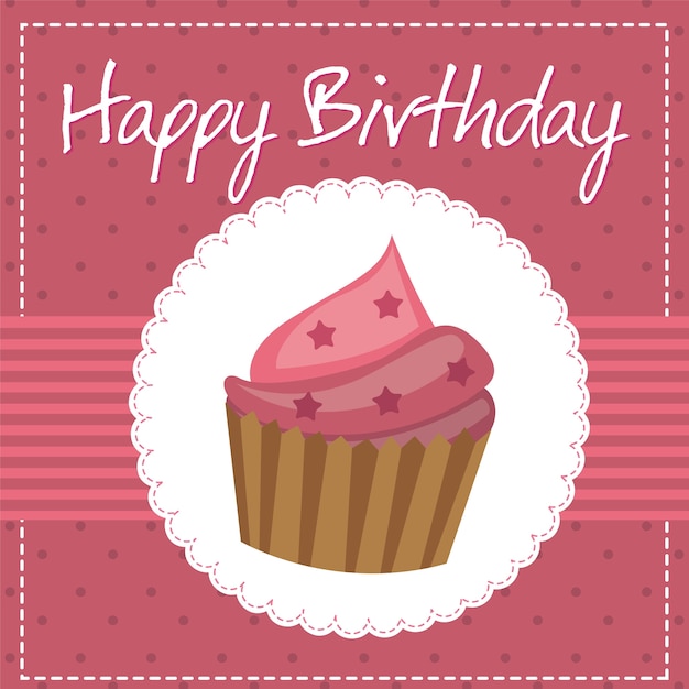 Pink birthday card with cup cake vector illustration