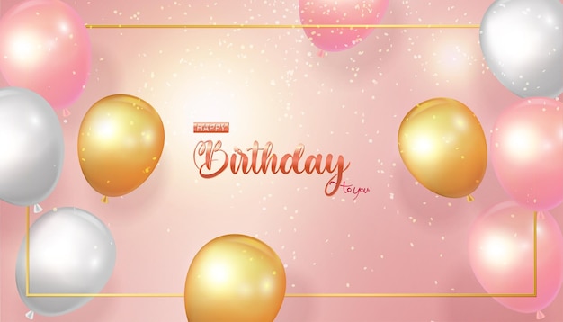 Pink birthday card with gold, white and pink balloons