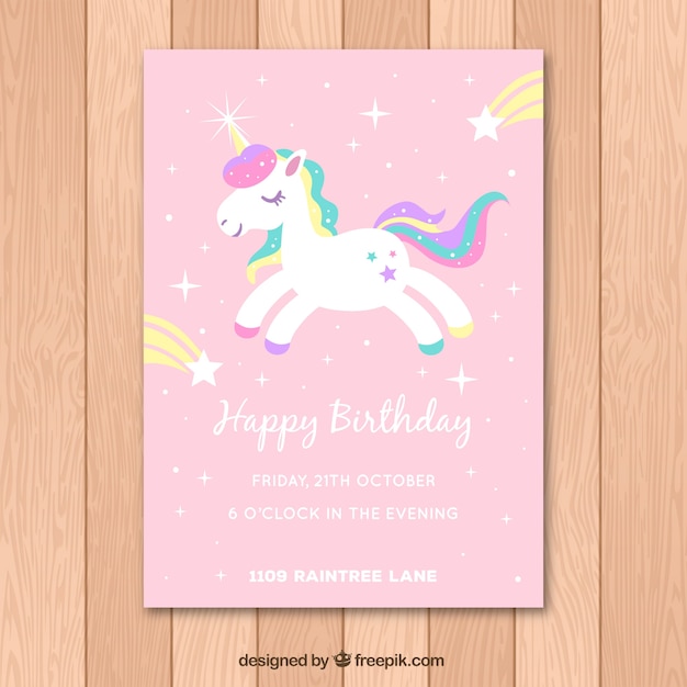 Vector pink birthday card with a white unicorn