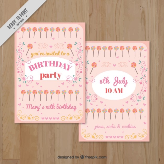 pink bithday invitation with lollipops