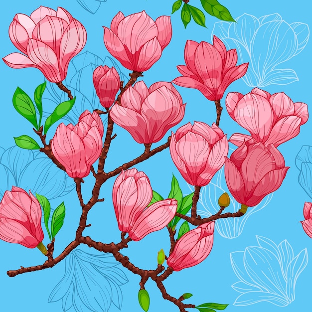 Vector pink blossom magnolia flowers on a blue background  seamless pattern hand drawn illustration