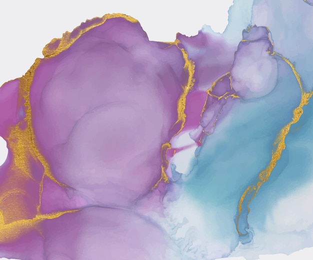골드 반짝이 질감 배경으로 핑크와 블루 알코올 잉크 수채화