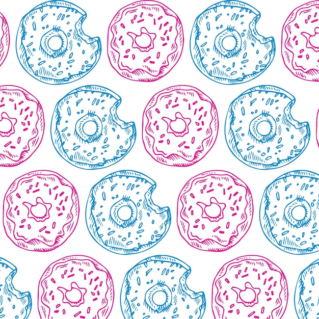 Pink and blue donuts on white background seamless pattern. Doodle hand drawn cakes