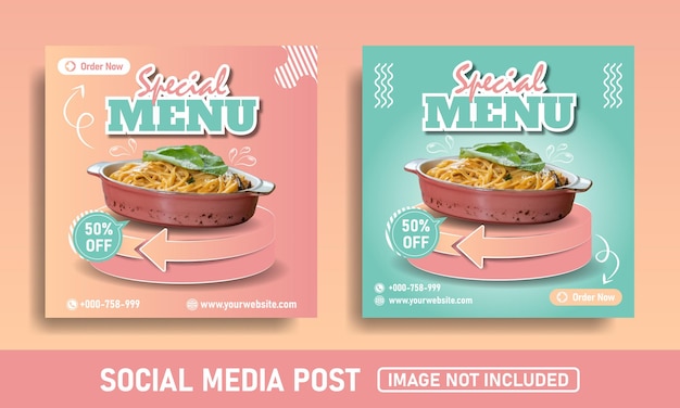 Vettore menu speciale modello di cibo banner post banner social media rosa e blu