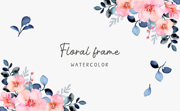 Pink blue floral frame background with watercolor