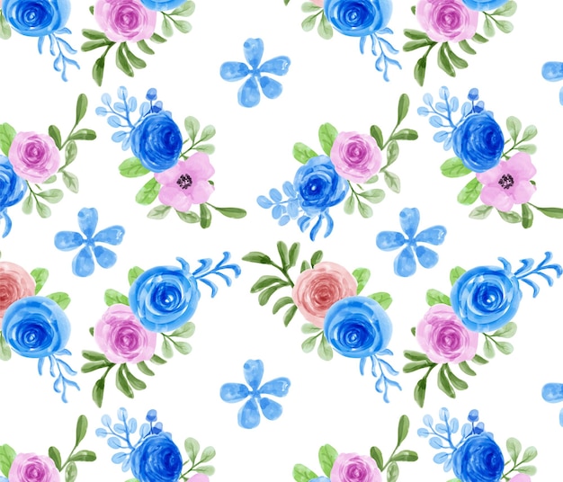 Pink blue floral watercolor seamless pattern