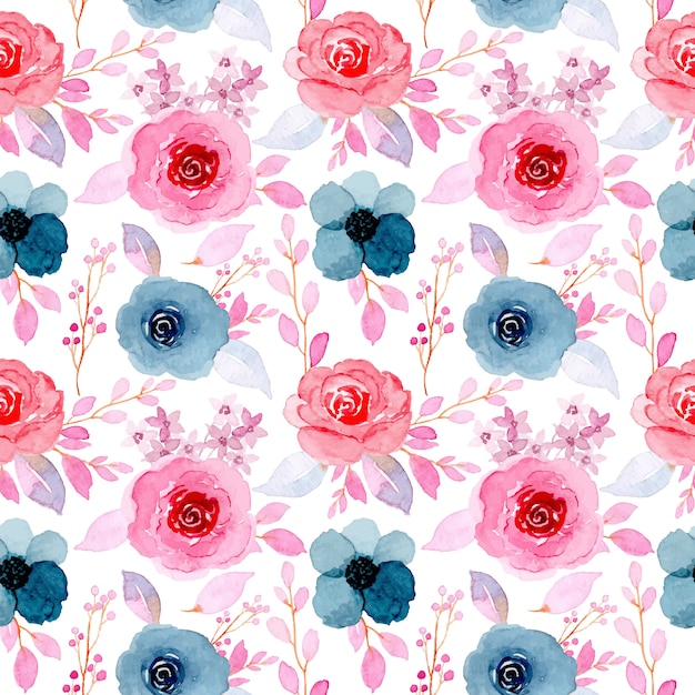 Vector pink blue floral watercolor seamless pattern