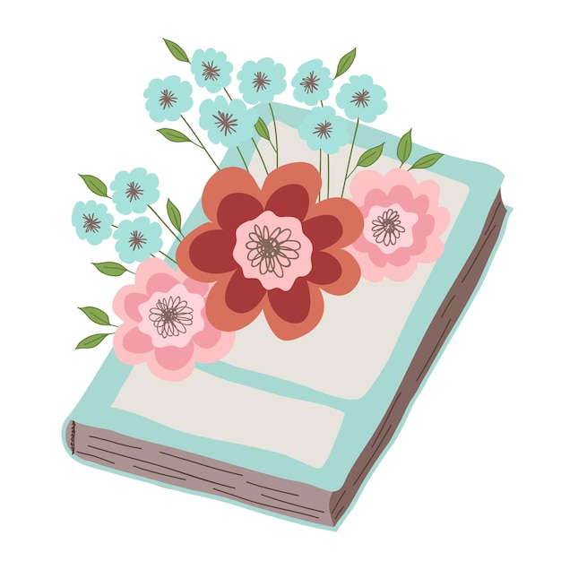 ピンクと青の花は、白い背景の上のフラットイラストの本に横たわっています