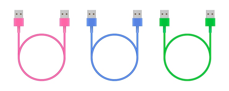 Vector pink blue and green usb cables usb plugs with wire loops