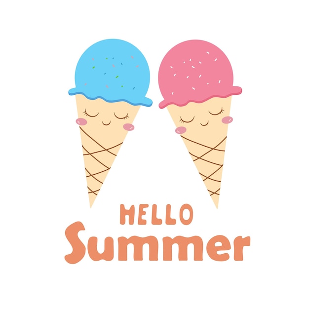 Hello Summer라는 단어가 적힌 분홍색과 파란색 아이스크림 콘.
