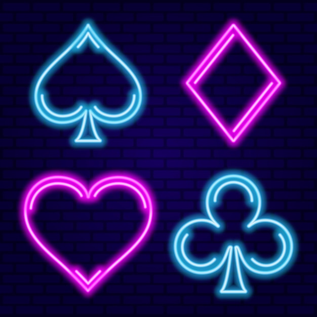 Розовые и голубые неоновые карточные костюмы для покера и казино на темно-синем фоне стены векторная иллюстрация