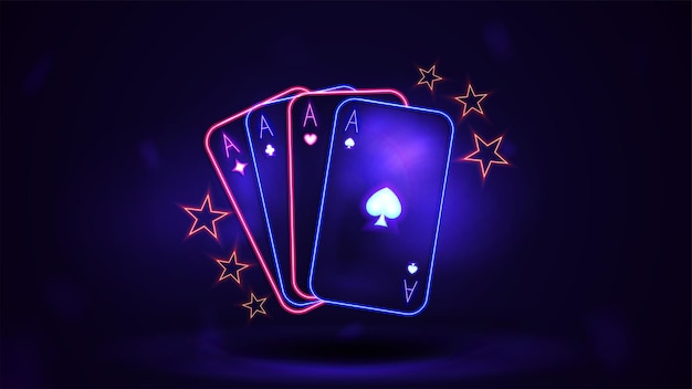 Розовые и синие сияющие неоновые игральные карты казино в темной пустой сцене