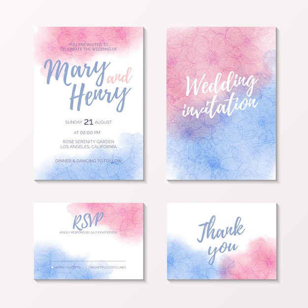 Vector pink and blue watercolour bridal template