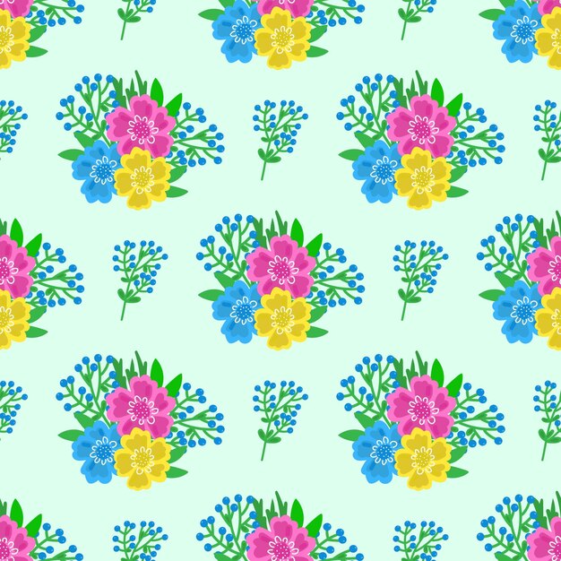 Vector pink blue and yellow flowers in bouquets pattern