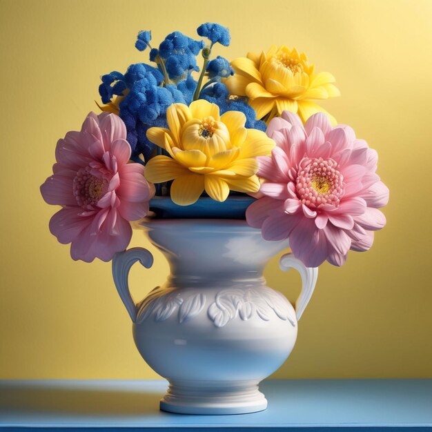 Fiori gialli blu rosa in vaso bianco con sfondo giallo chiaro misterioso