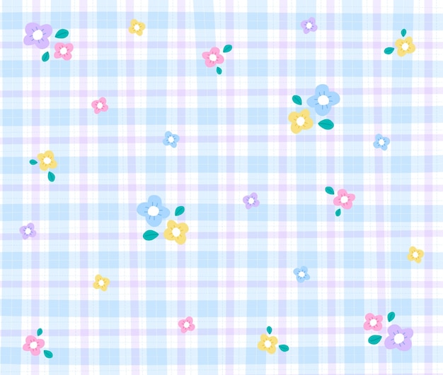 Pink Blue Yellow Purple Lilac Violet Flower Gingham Patterns Background Vector Illustration