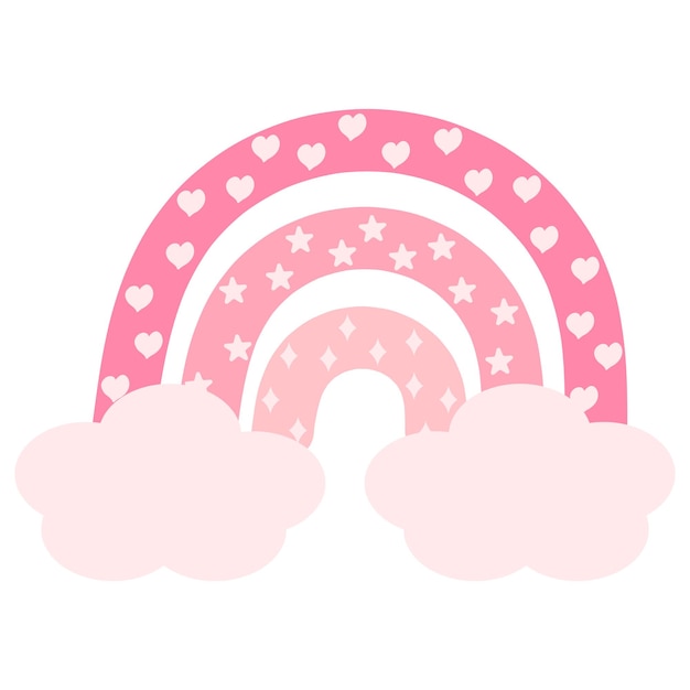 Вектор Розовая богемная радуга с облаками, звездами, сердечками и ромбами. векторная иллюстрация