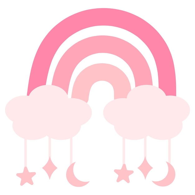 Pink boho rainbow with clouds with star month and rhombus pendant Vector illustration