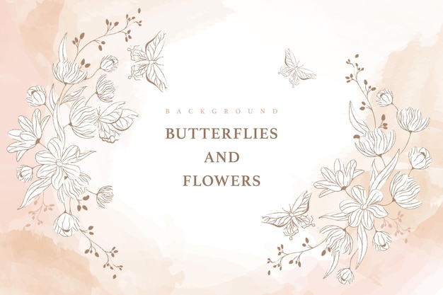 Pink botanical background with composition of flowers and butterflies vector