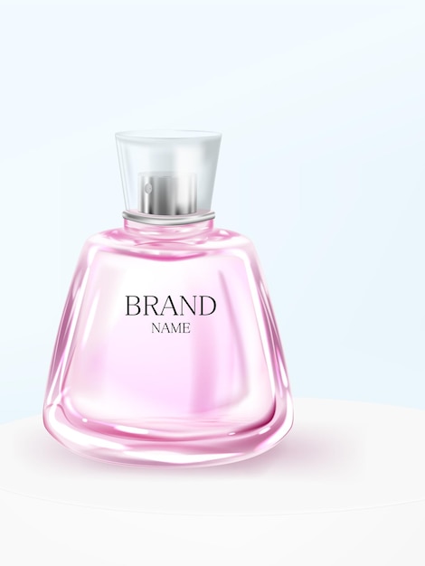 Pink bottle of perfume on the podium on a blue background