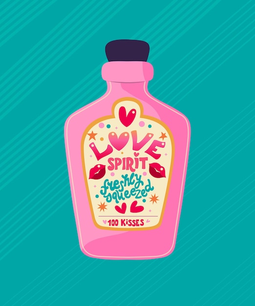 Vector pink bottle with hand lettering love spirit cute valentine festive holiday illustration