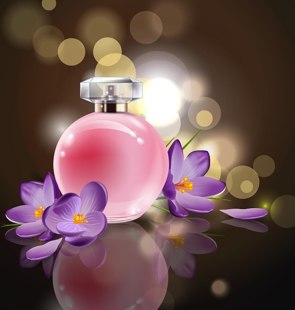 Pink bottle women's perfume with spring flowers crocuses on blurred background. vector template