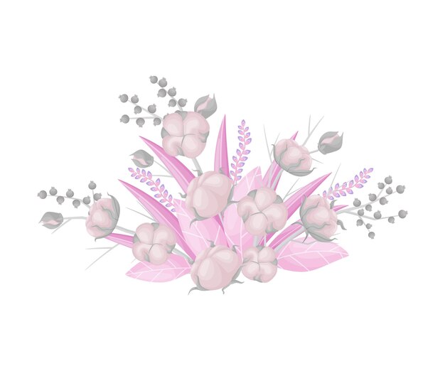 Vector pink bouquet of inflorescences leaves and branches of cotton vector illustration on white background