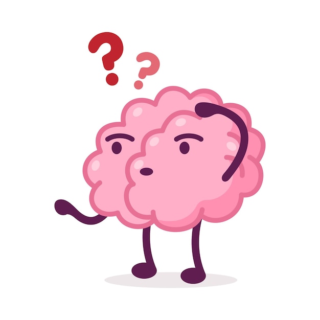 Vector pink brain funny human nervous system organ cartoon character thinking with question mark vector