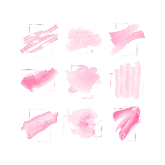 Pink brush strokes. Watercolor splashes set with golden frames. Vector illustration