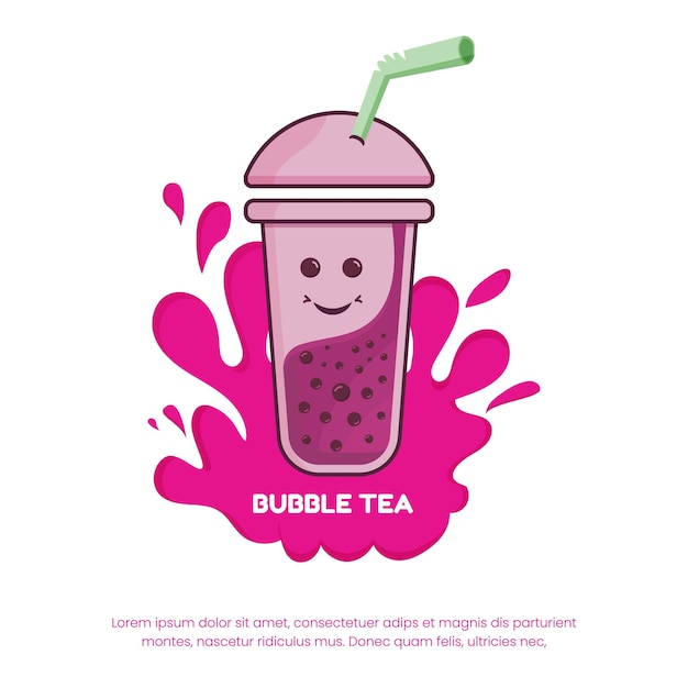 Pink bubble boba tea illustration cute cartoon face with tapioca pearl