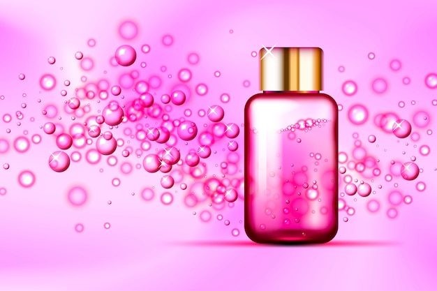 Pink bubbles and parfume glass bottle on abstract silk background