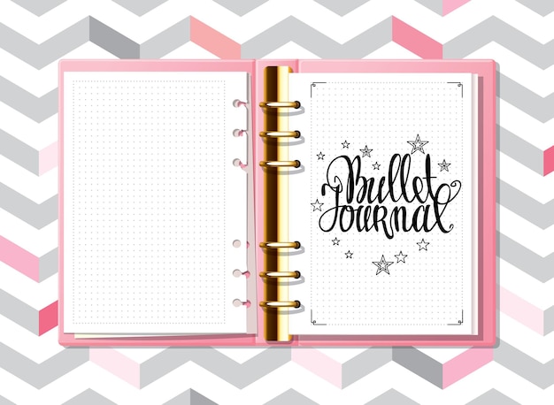 Pink bullet journal and hand drawn lettering for notebook diary mock up cute hand drawn line doodle on dotted background