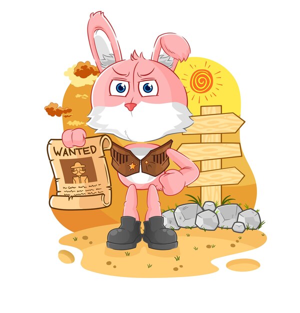 Pink bunny cowboy with wanted paper cartoon mascot vector