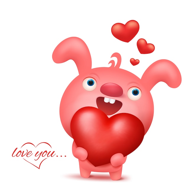 Pink bunny emoji character with heart. Valentine day invitation card