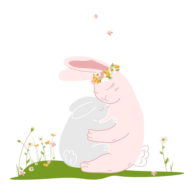 Pink bunny mom with baby Family Day pets Hand drawn illustration isolated on white background